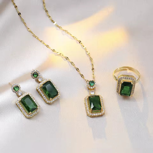 4PCS Quadrate Rhinestone Necklace, Earrings & Ring. Queen D LA