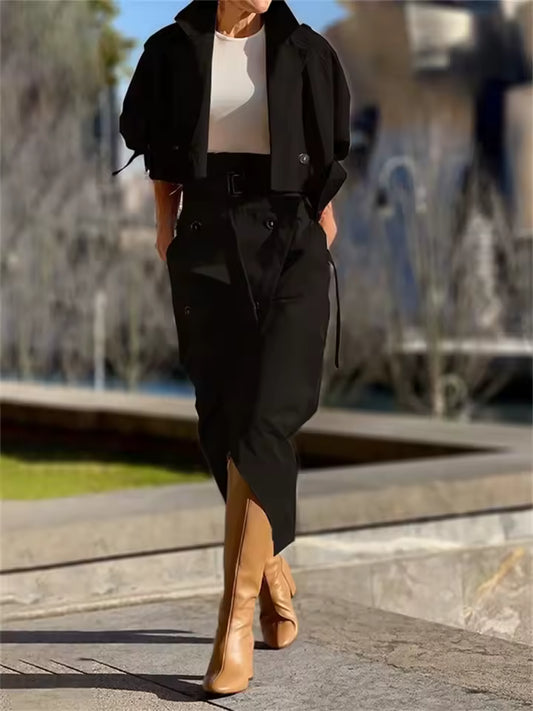 2-Piece Office Lady Tracksuit Set – Long Sleeve Jacket & High Split Skirt Queen D LA