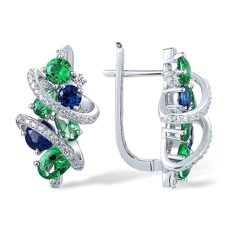 Elegant Green & Blue Cubic Zirconia Hoop Earrings. Queen D LA