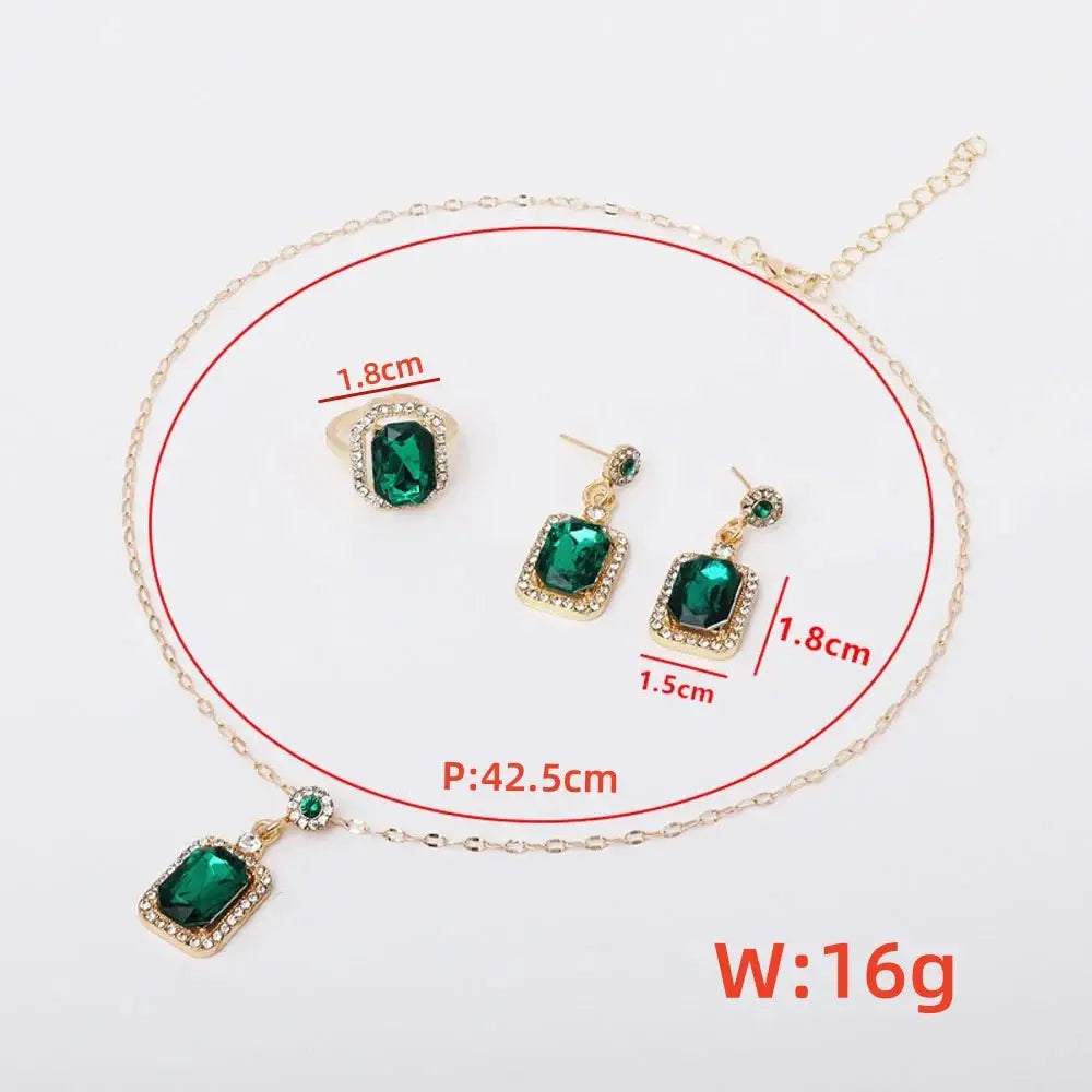 4PCS Quadrate Rhinestone Necklace, Earrings & Ring. Queen D LA