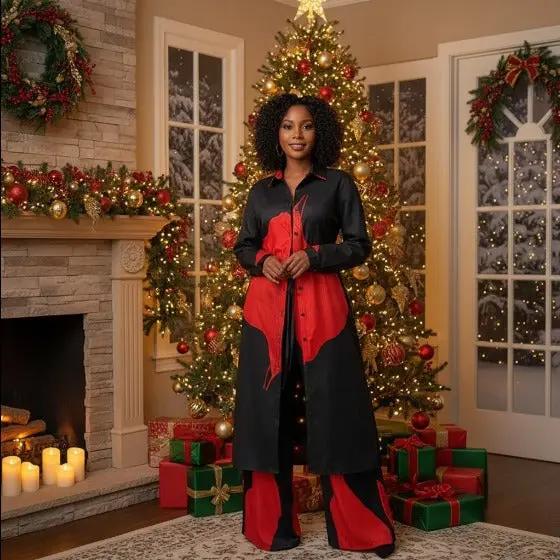Women’s Elegant Printed Coat and Wide-Leg Pants Set Queen D LA Store
