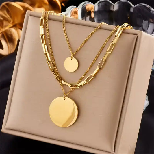 Fashion 3-in-1 Gold Round Pendant Necklace. Queen D LA