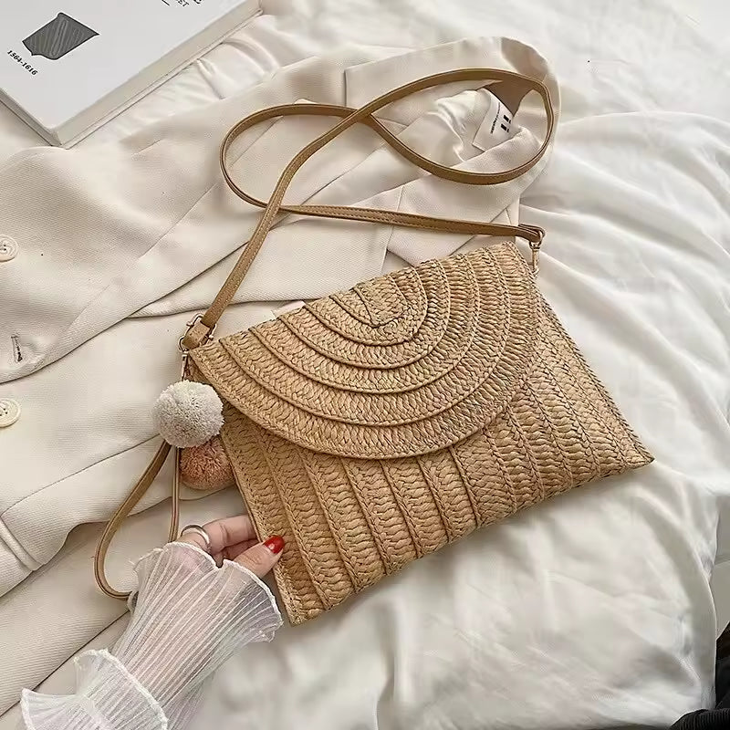 Light Brown Handmade Straw Beach Crossbody Bag. Queen D LA