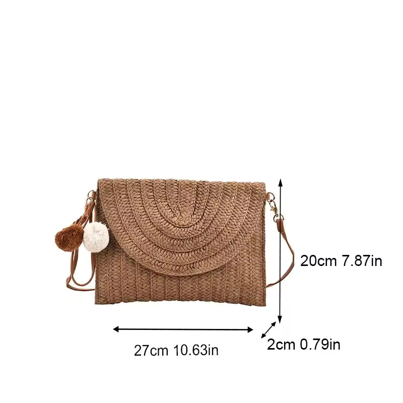 Light Brown Handmade Straw Beach Crossbody Bag. Queen D LA