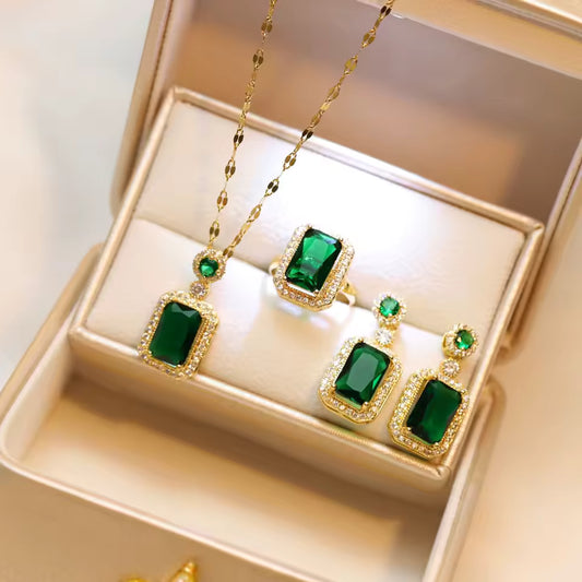 4PCS Quadrate Rhinestone Necklace, Earrings & Ring. Queen D LA