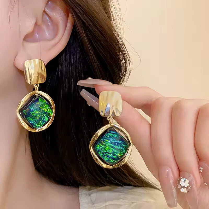 Vintage Green Earrings – Geometric - Rhinestone Studs for Women. Queen D LA