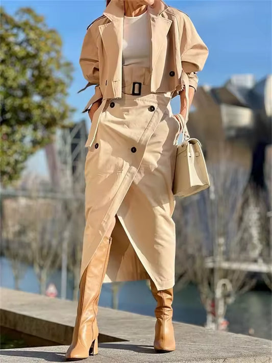 2-Piece Office Lady Tracksuit Set – Long Sleeve Jacket & High Split Skirt Queen D LA