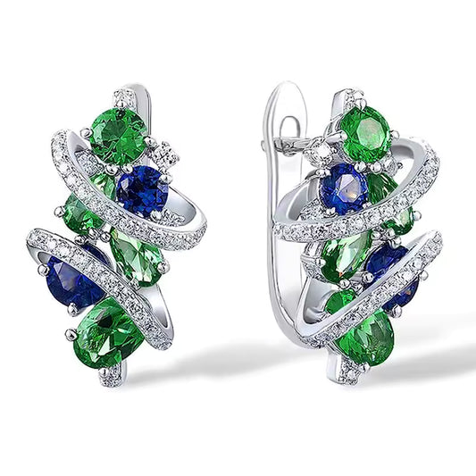 Elegant Green & Blue Cubic Zirconia Hoop Earrings. Queen D LA
