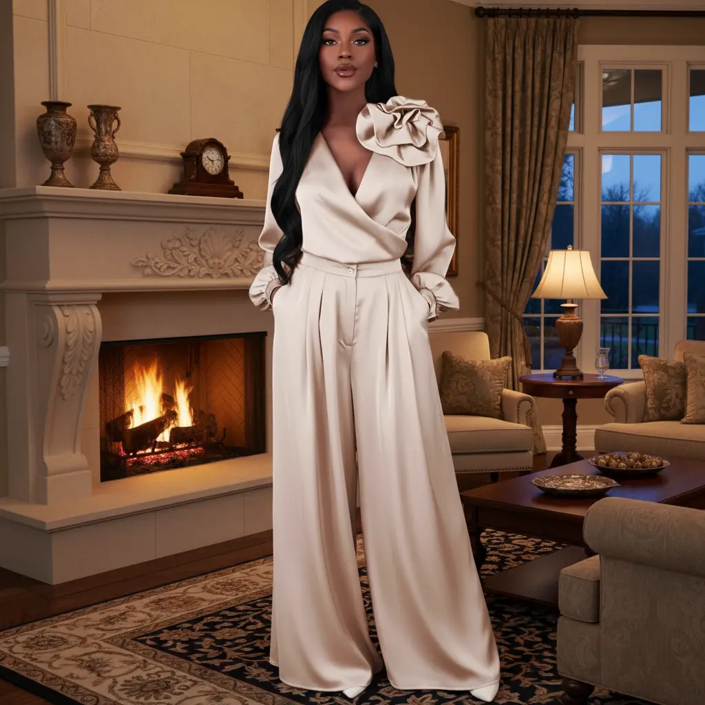 Women's Floral Satin 2-Piece Set – Elegant V-Neck Top & Wide-Leg Pants Queen D LA Store