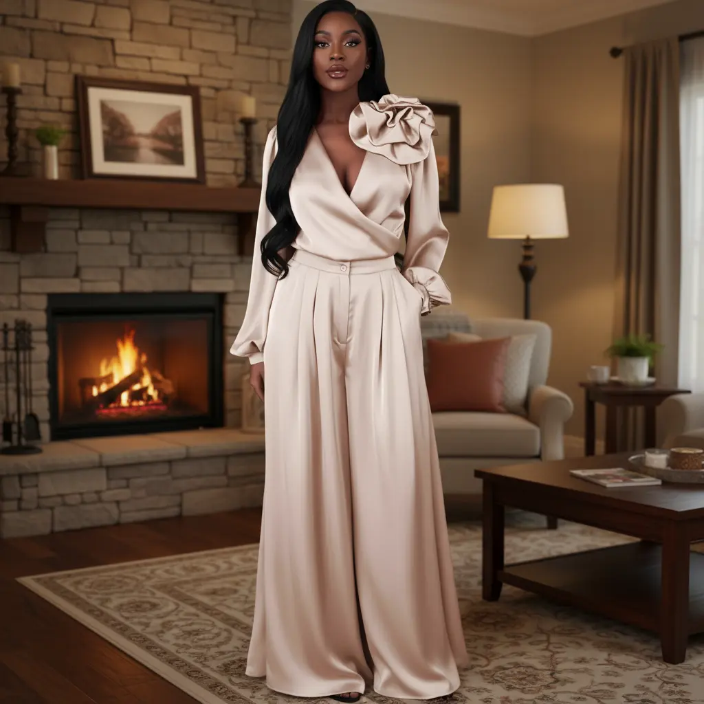 Women's Floral Satin 2-Piece Set – Elegant V-Neck Top & Wide-Leg Pants Queen D LA Store