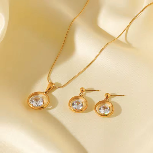 Stainless Steel White Zircon Necklace Earrings Set. Queen D LA