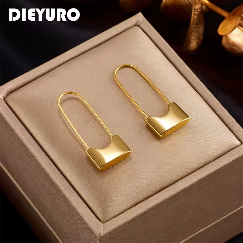 Stainless Steel New Design Long Lock Hoop Earrings Gold. Queen D LA